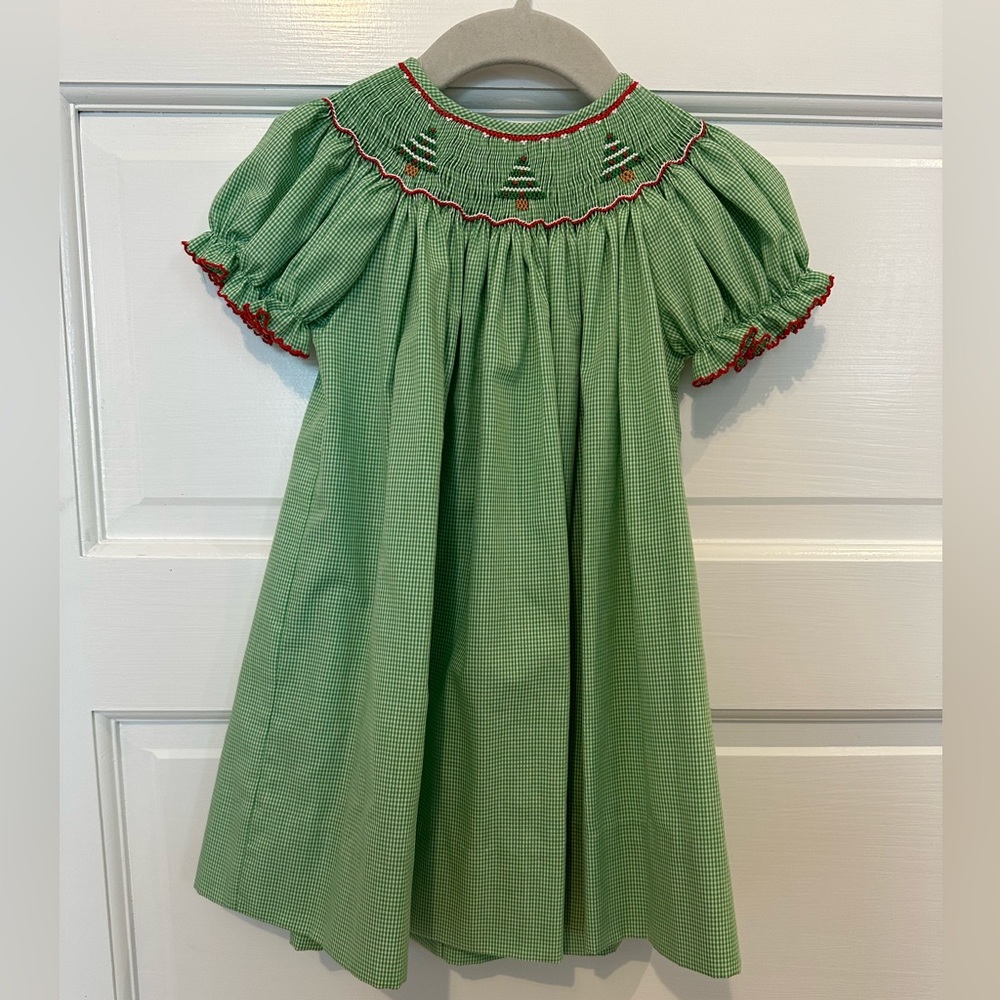 Petit Bebe Green Gingham Christmas Tree Smocked Dress